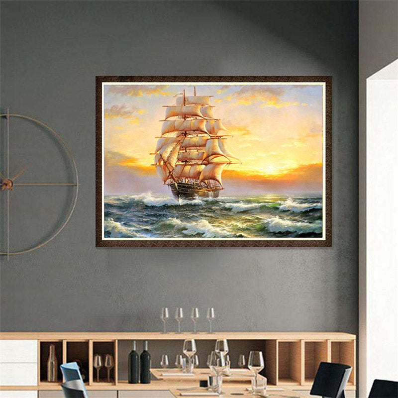 Cross Stitch Landscape Diamond Painting, Sailboat, Full Embroidery, Diamond, Mosaic,Rhinestone