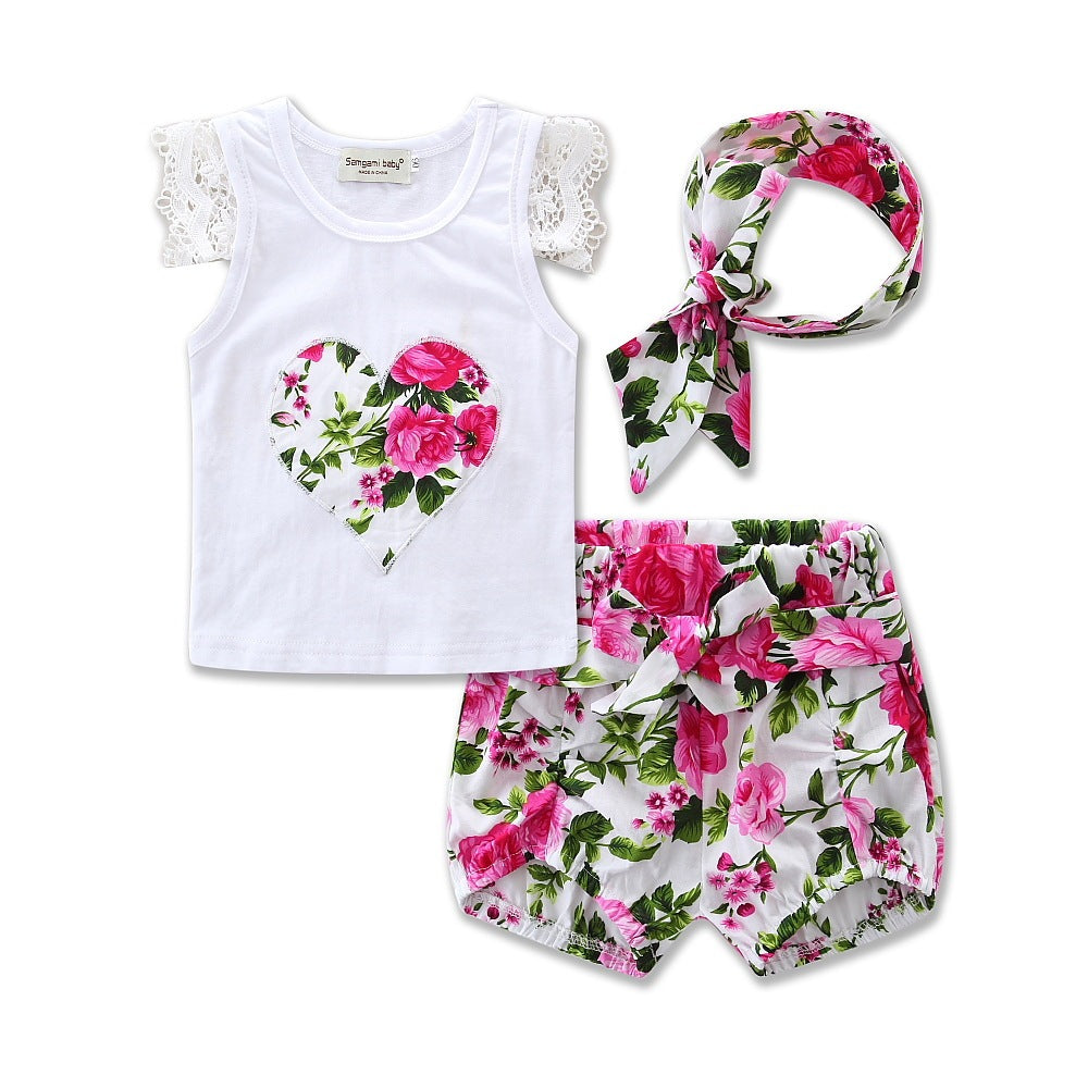 Girls Suit Short Sleeve Love Print