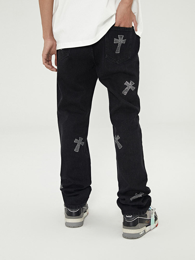 Retro Cross Hot Rhinestone Black Jeans