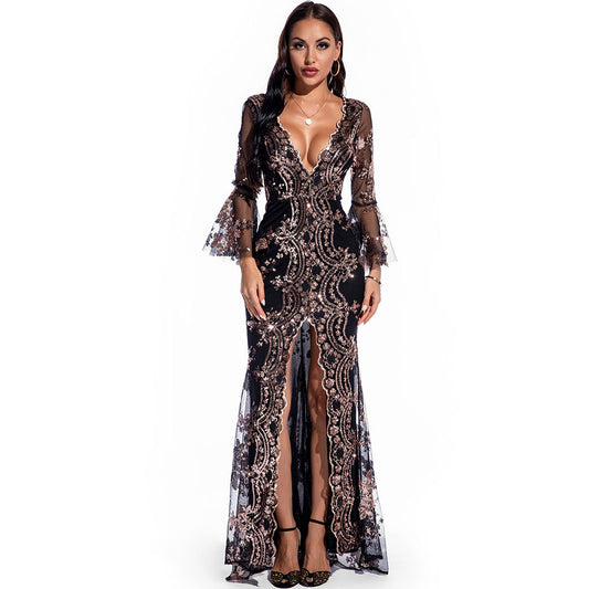 Sense V-neck Sequin Dress Dress Mopping Floor Long Skirt