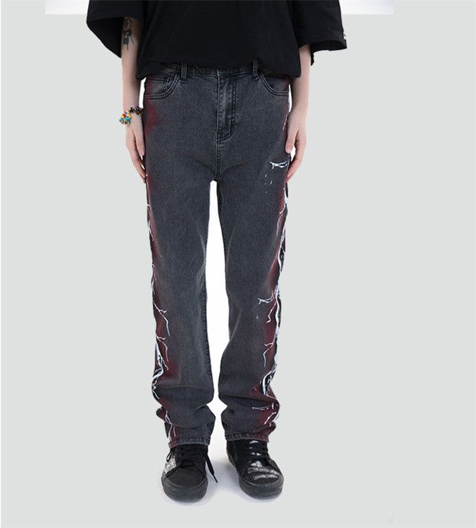 Side Print Jeans Loose Mid-Leg Trousers