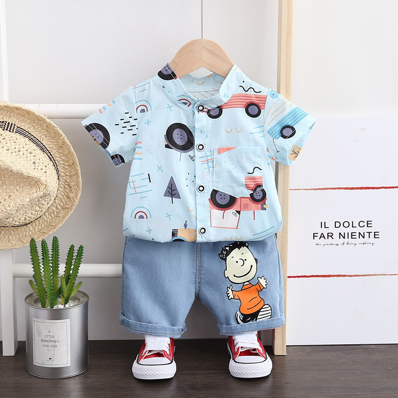 Boys Short-sleeved Suit Summer Shirt Jeans Two-piece Suit