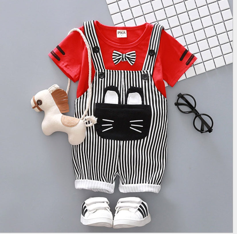 Factory direct handsome children's clothing Korean male baby cartoon strap two-piece suit cotton one generation A128