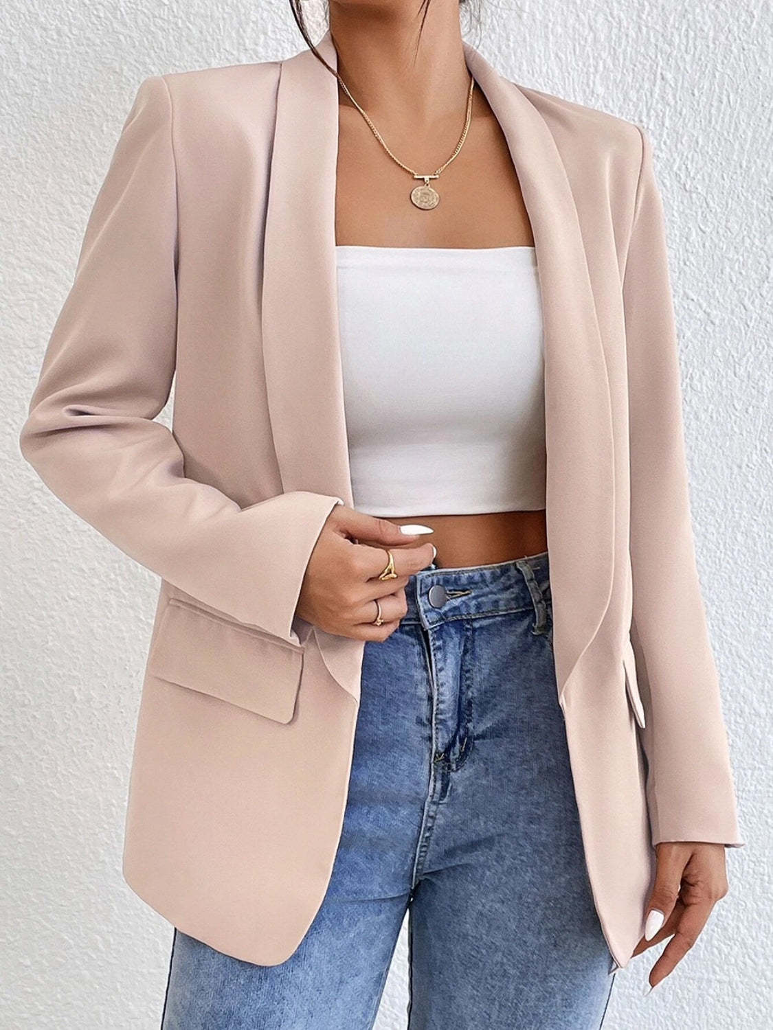 Shawl Collar Long Sleeve Blazer - Babbazon