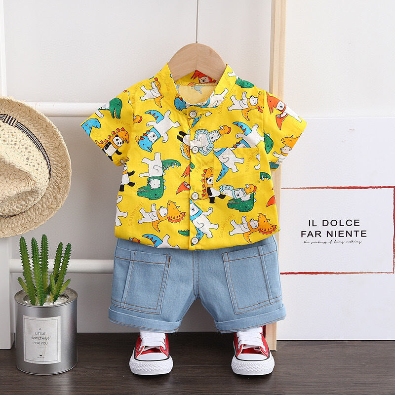 Boys Short-sleeved Suit Summer Shirt Jeans Two-piece Suit