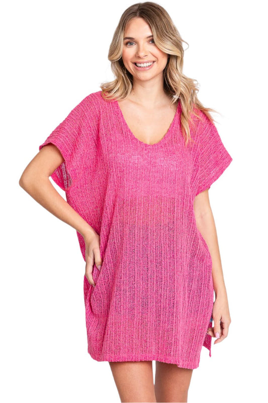 GeeGee Short Sleeve Side Slit Knit Cover Up Dress - Babbazon PINK CLOTHING