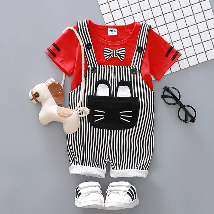 Factory direct handsome children's clothing Korean male baby cartoon strap two-piece suit cotton one generation A128