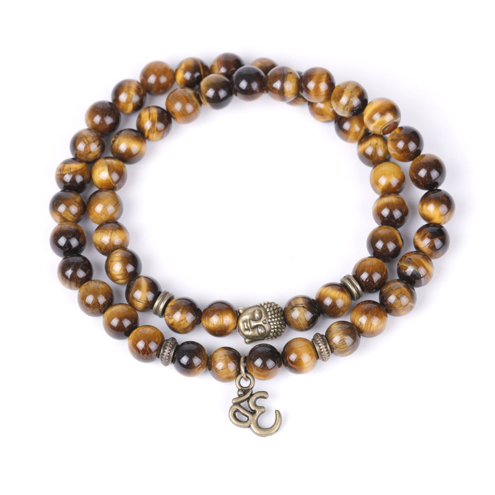 Bronze Buddha Head and Volcanic Stone Double Row Bracelet