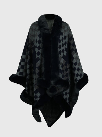 Checkered Faux Fur Trim Poncho 