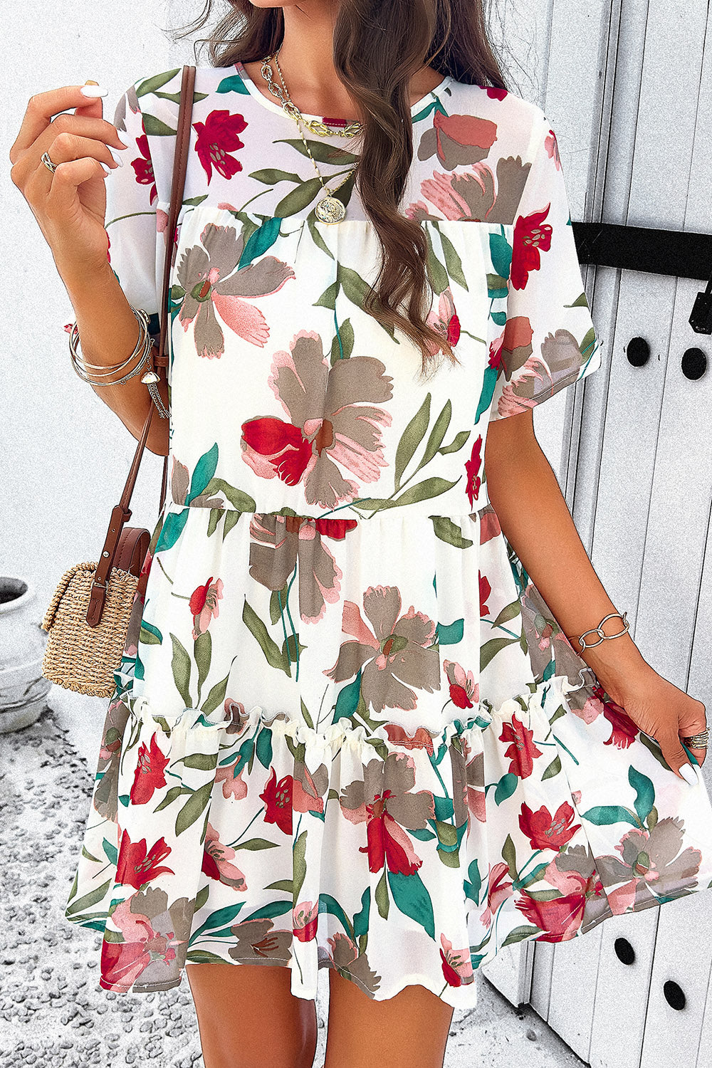 Printed Tiered Round Neck Mini Dress - Babbazon