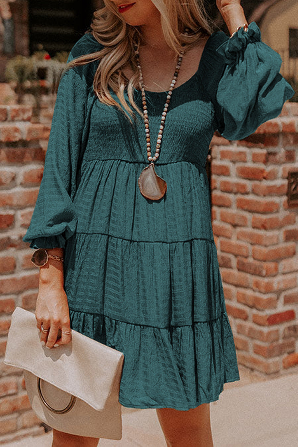 Mist Green Long Sleeve Smocked Tiered Boho Dress - Babbazon Short Dresses