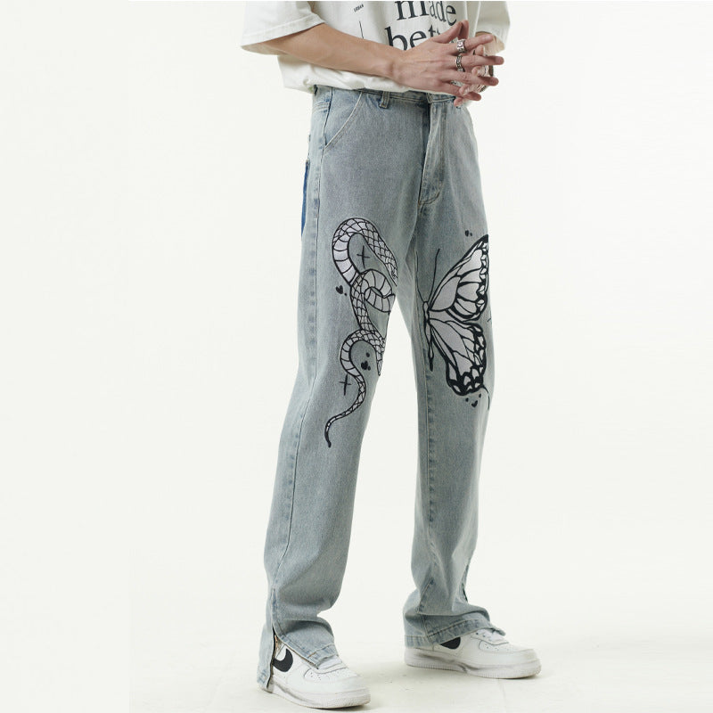 Loose Lower Tube All-match High Street Embroidery Hip-hop INS Casual Male Denim