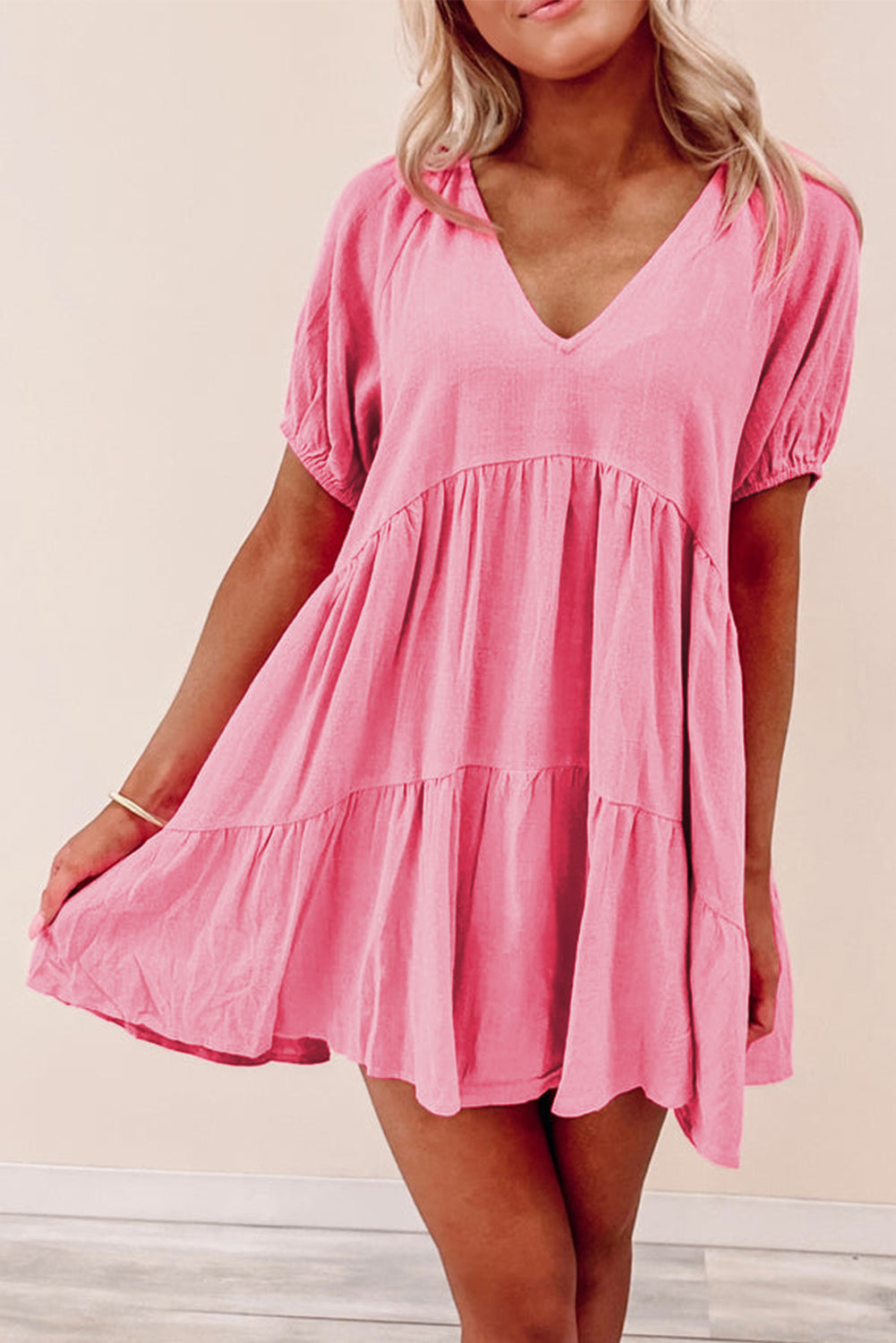 Strawberry Pink Puff Sleeve V Neck Tiered Swing Dress - Babbazon Short Dresses