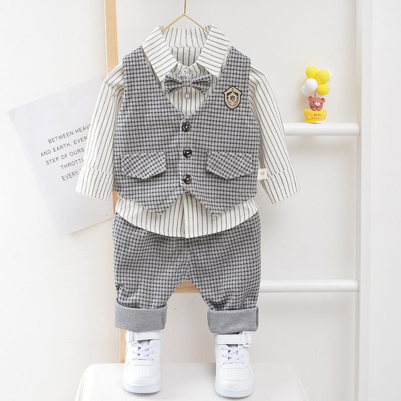 Autumn Children's Long-sleeved Houndstooth Striped Shirt Vest Three-piece Set