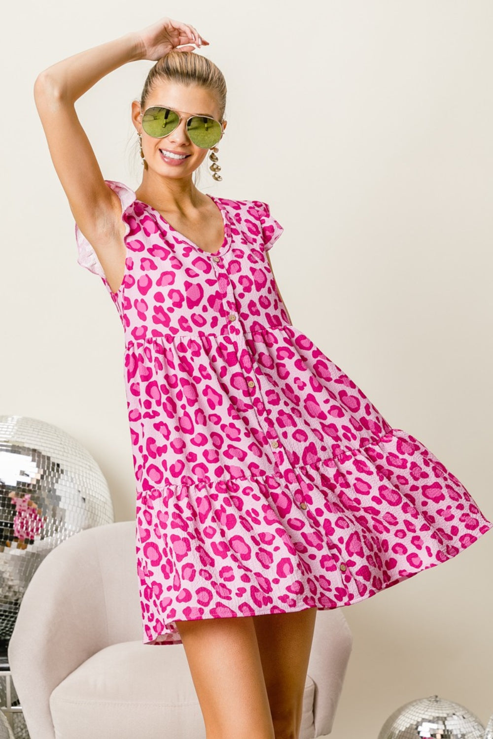 BiBi Leopard Cap Sleeve Tiered Mini Dress 