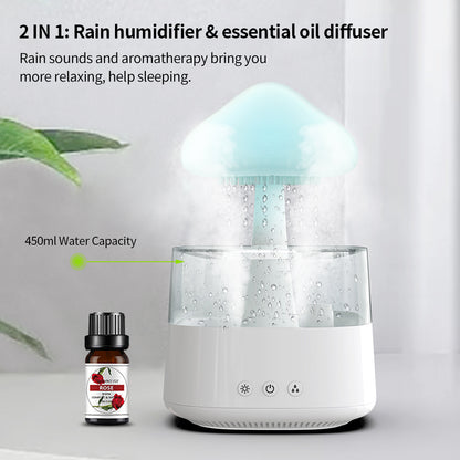 2-in-1 Desk Humidifier Rain Cloud Aromatherapy Essential Oil Zen Diffuser & Raining Cloud Night Light Mushroom Lamp