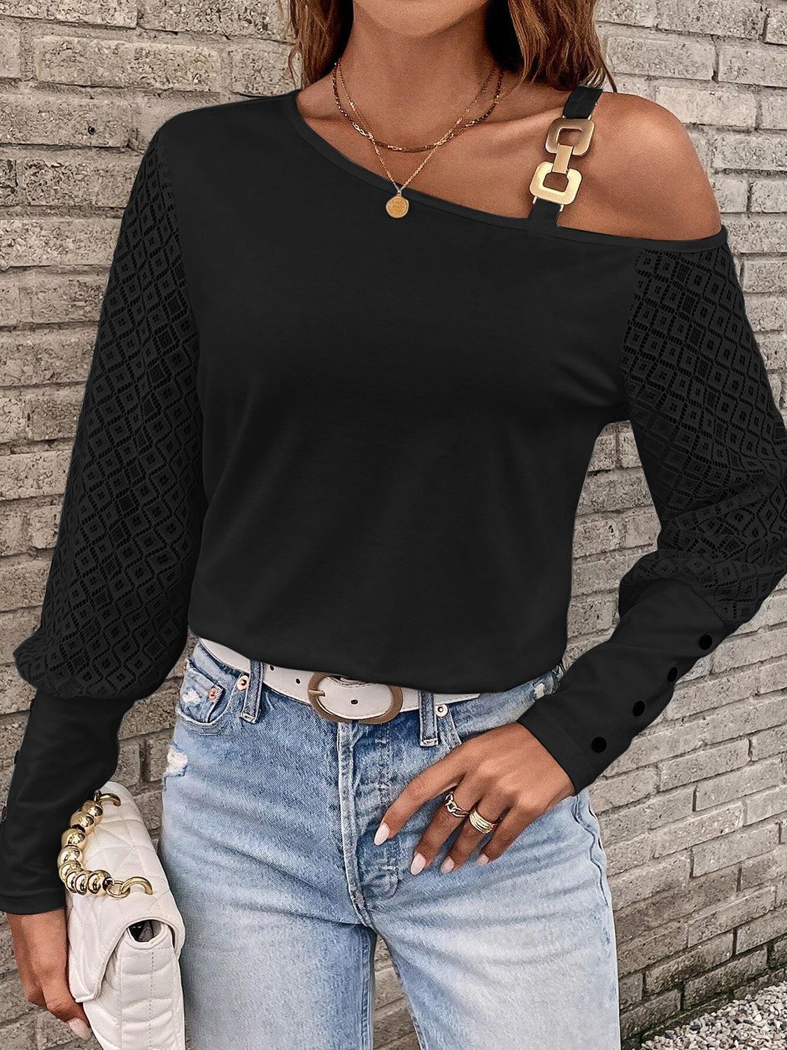 Asymmetrical Neck Lace Long Sleeve T-Shirt 