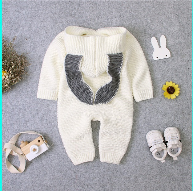 Three-dimensional Bunny Ears Hooded Knitted Romper