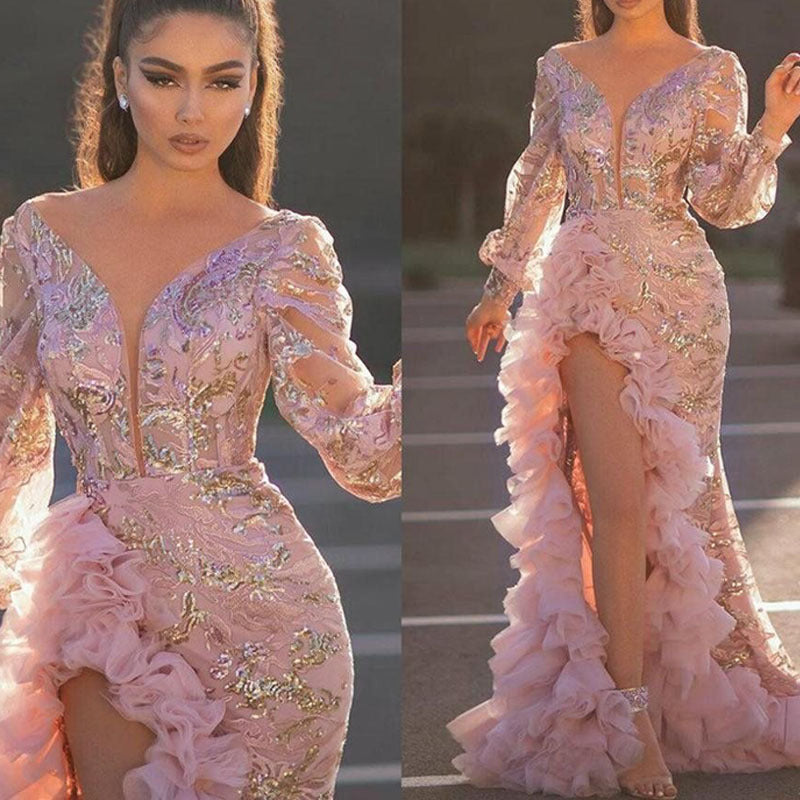 European And American Hip Trailing Sequin Pink Long Mesh Evening Dress