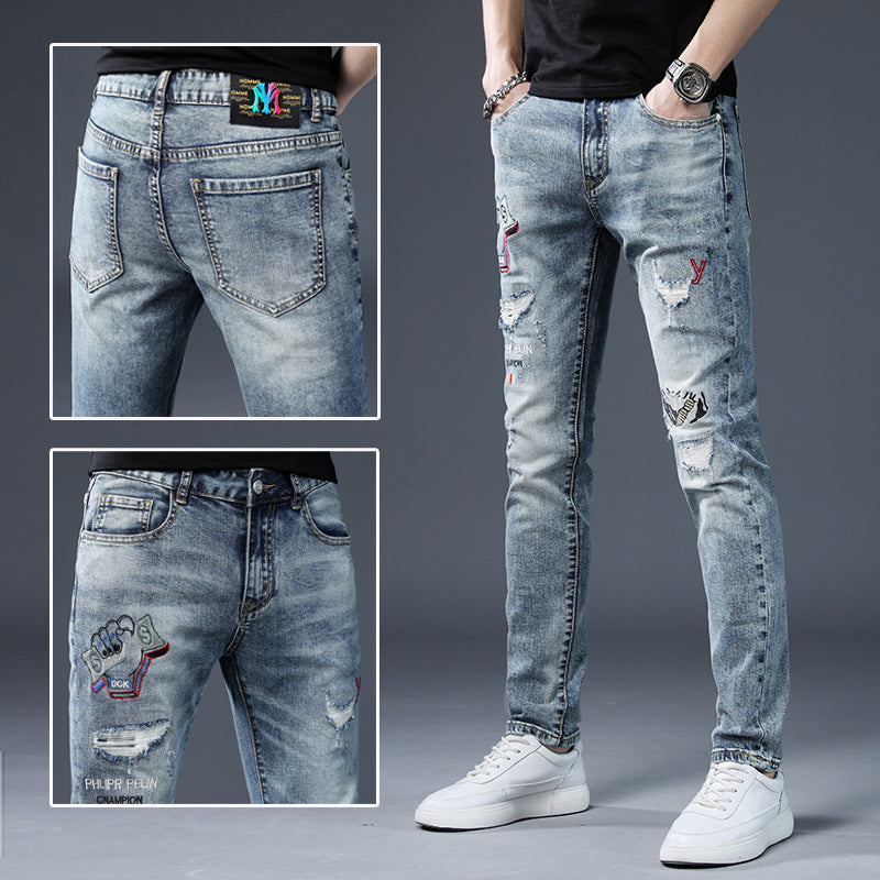 High-End Embroidered Ripped Slim-Fit Jeans