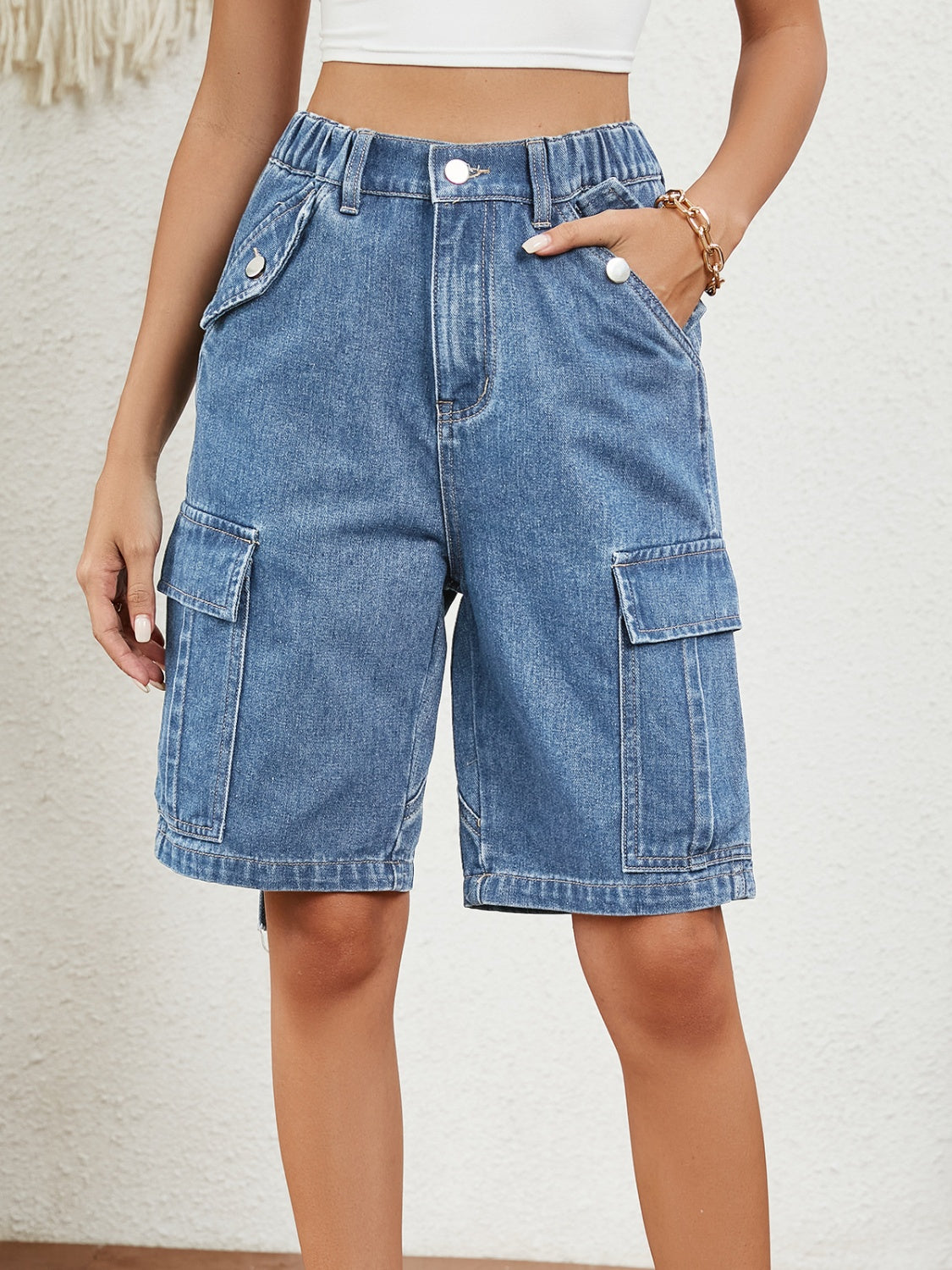 High Waist Denim Shorts with Pockets 