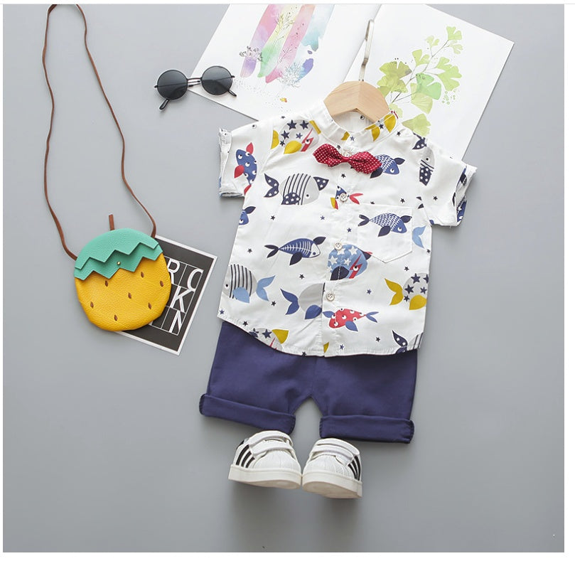 Fashion Toddler Infant Baby Kids Boys Short Sleeve Cartoon Printed Bow Tie Shirt Tops Solid Shorts Gentlement Outfits Set # p4