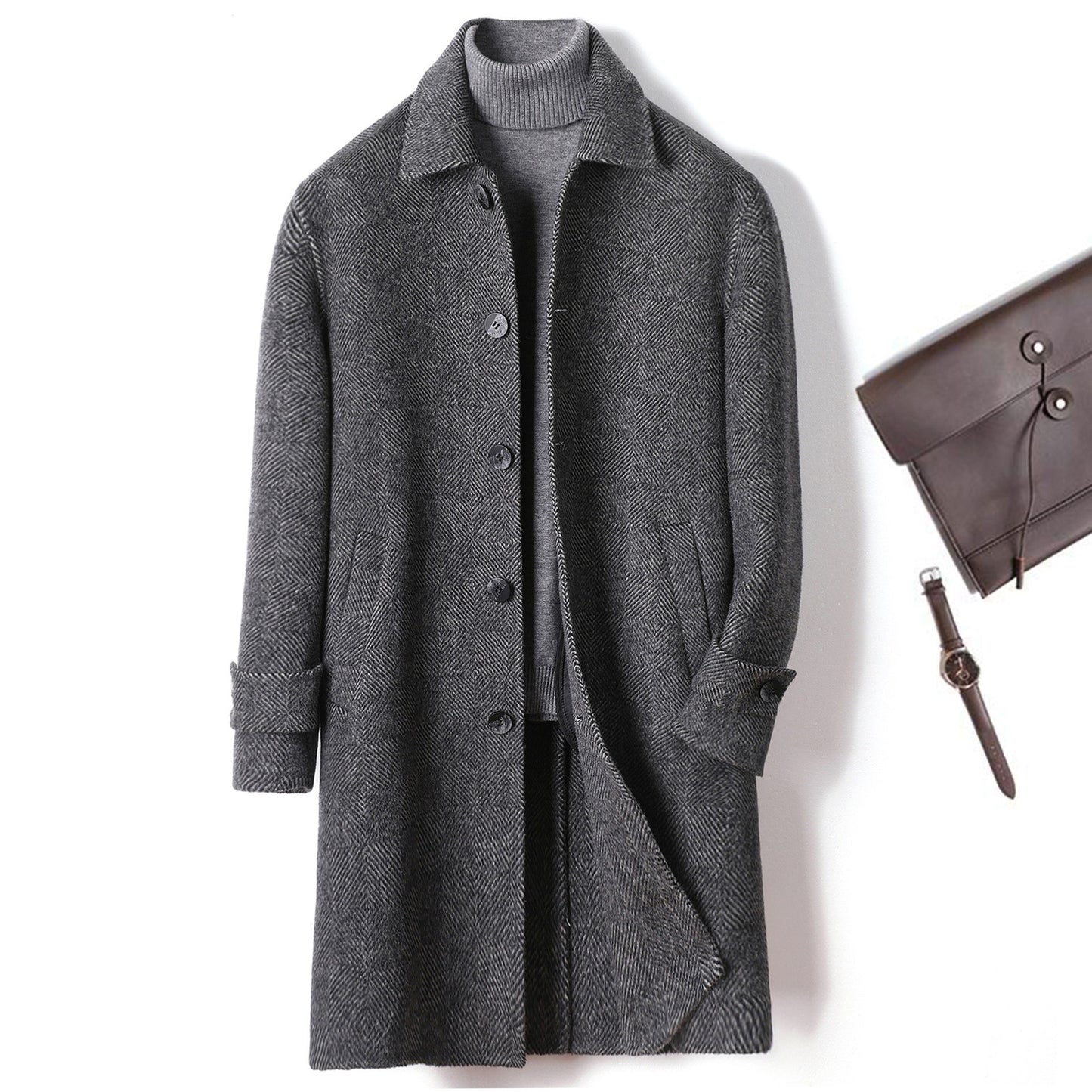 Cashmere Wool Coat Winter Plaid Long Casual Coat 