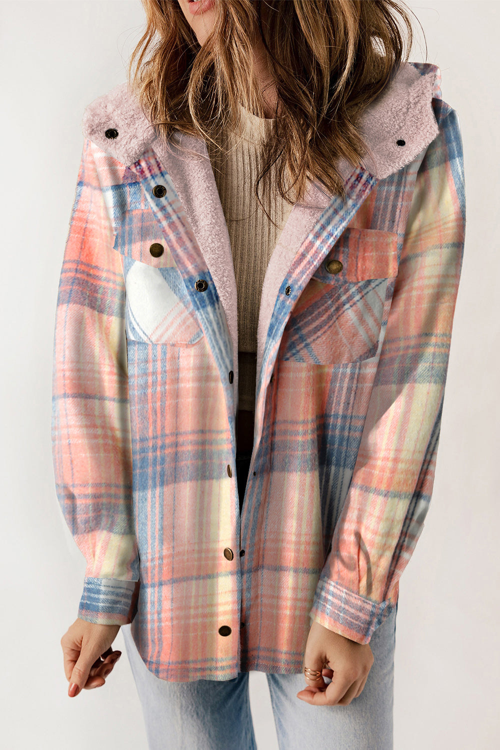 Plaid Snap Down Hooded Jacket - Babbazon Jacket