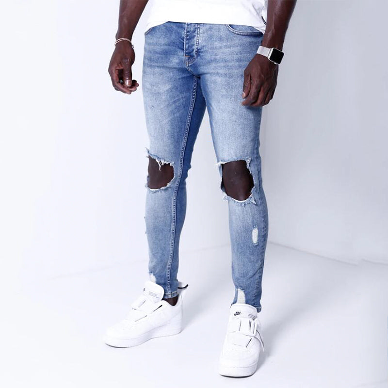 Blue ripped denim slim trousers