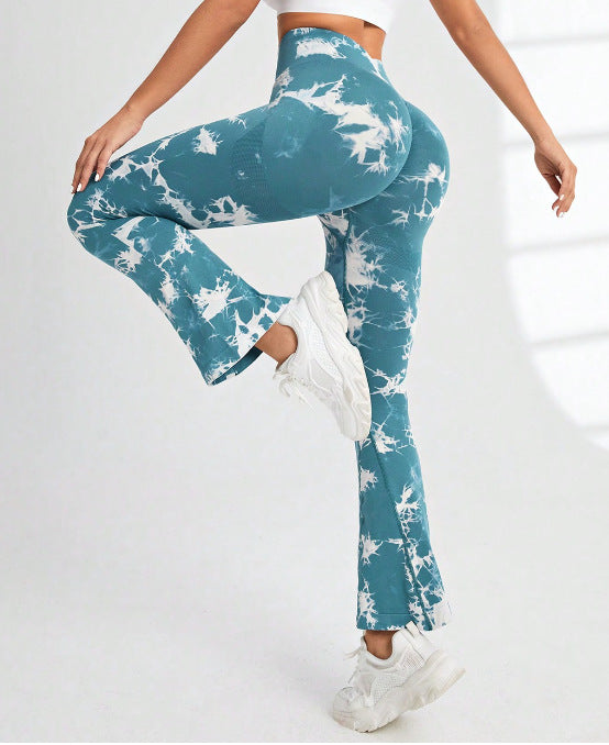 Fashion Tie Dye Printed Yoga Bell-Bottomed Pants Seamless High Waist Quick-drying Fitness Running Sports Leggings Women Flares 