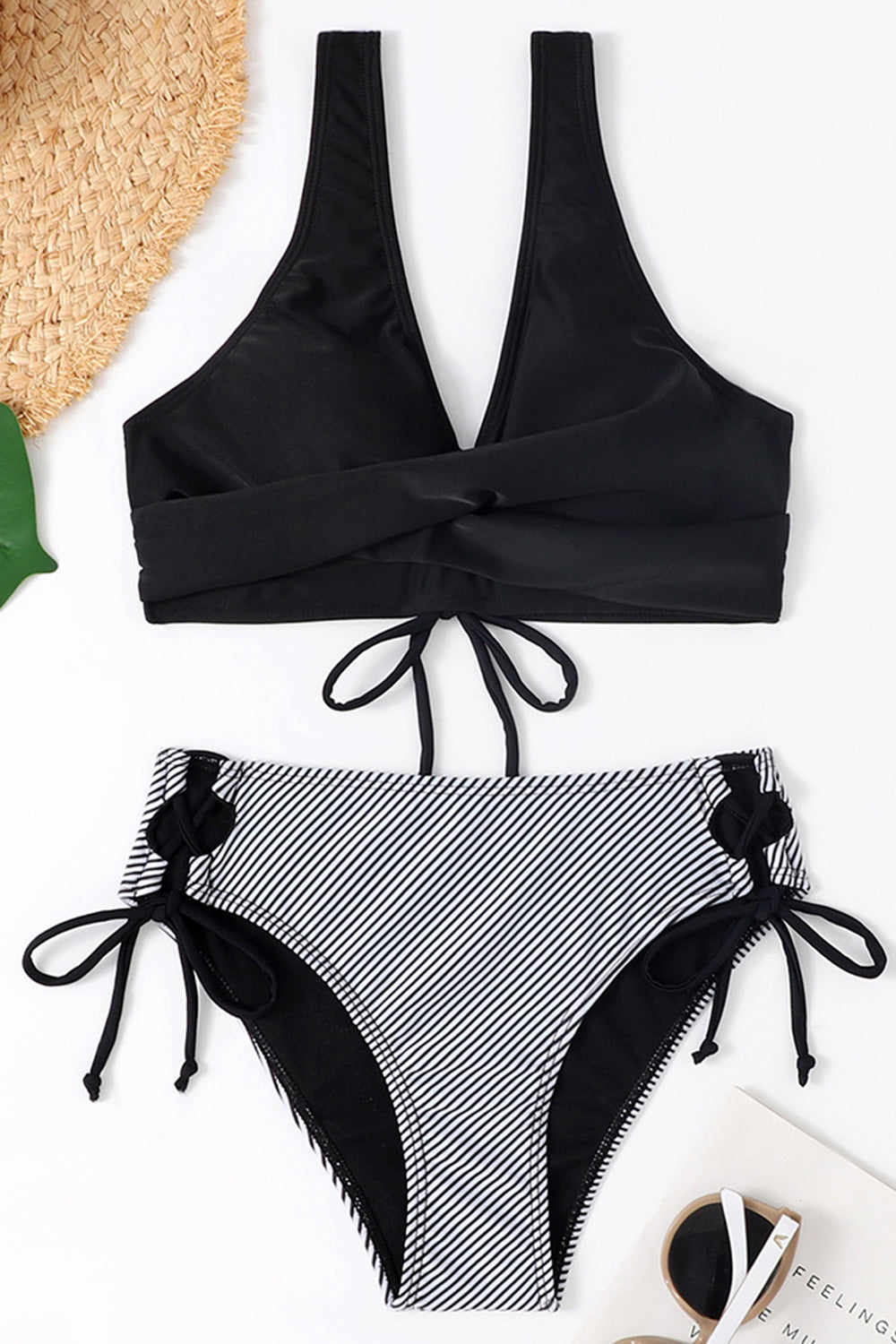 Ruched Lace-Up Wide Strap Two-Piece Bikini Set 