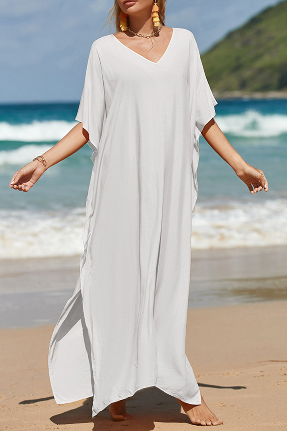 Slit V-Neck Half Sleeve Cover-Up 