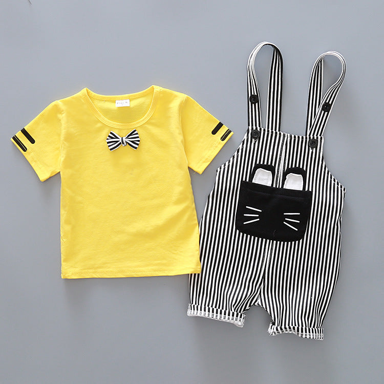 Factory direct handsome children's clothing Korean male baby cartoon strap two-piece suit cotton one generation A128