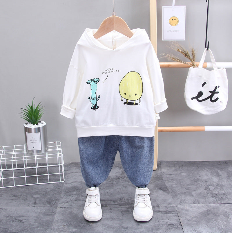 Children's Hooded Long-sleeved Sweater All-match Denim Trousers Children's Three-piece Suit