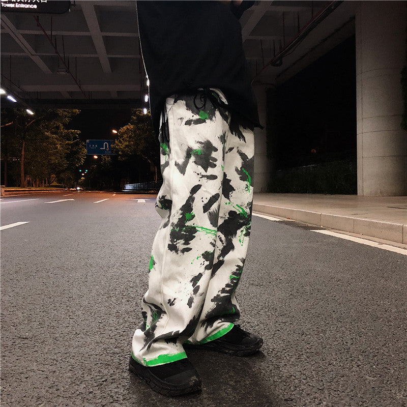 Ink splash graffiti spray paint jeans men's mop wide leg trousers