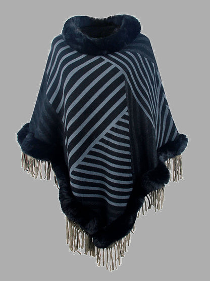 Striped Fringe Hem Poncho 