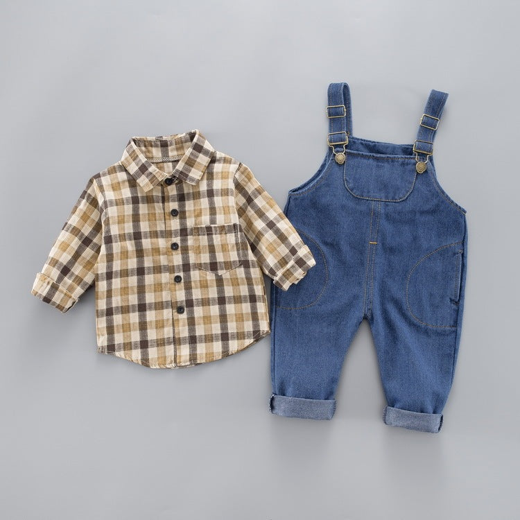 Children's long-sleeved plaid shirt denim strap cover