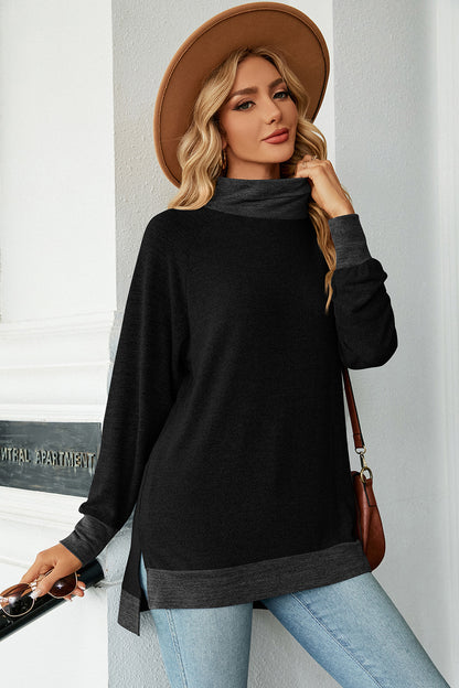 Slit Mock Neck Long Sleeve T-Shirt