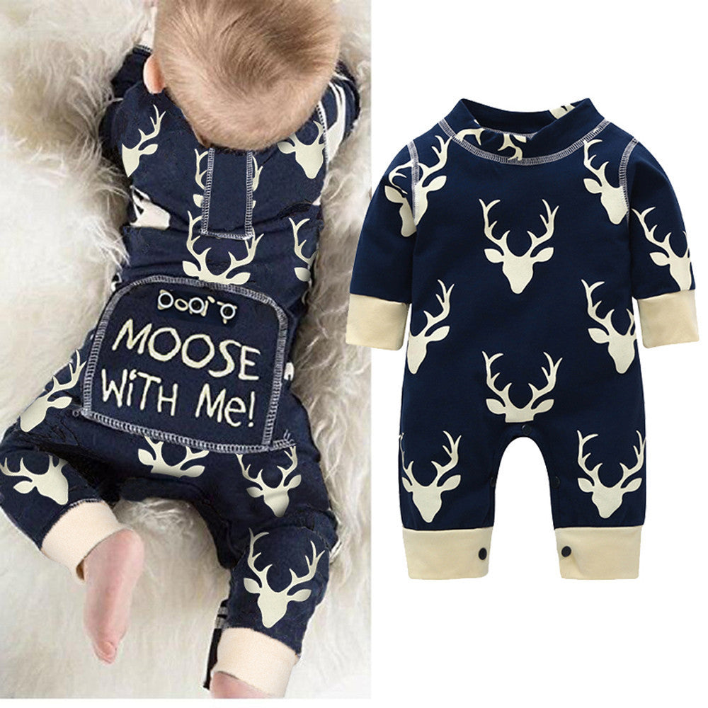 Infant Children's Clothing Cotton Long-sleeved Fawn Print Jumpsuit