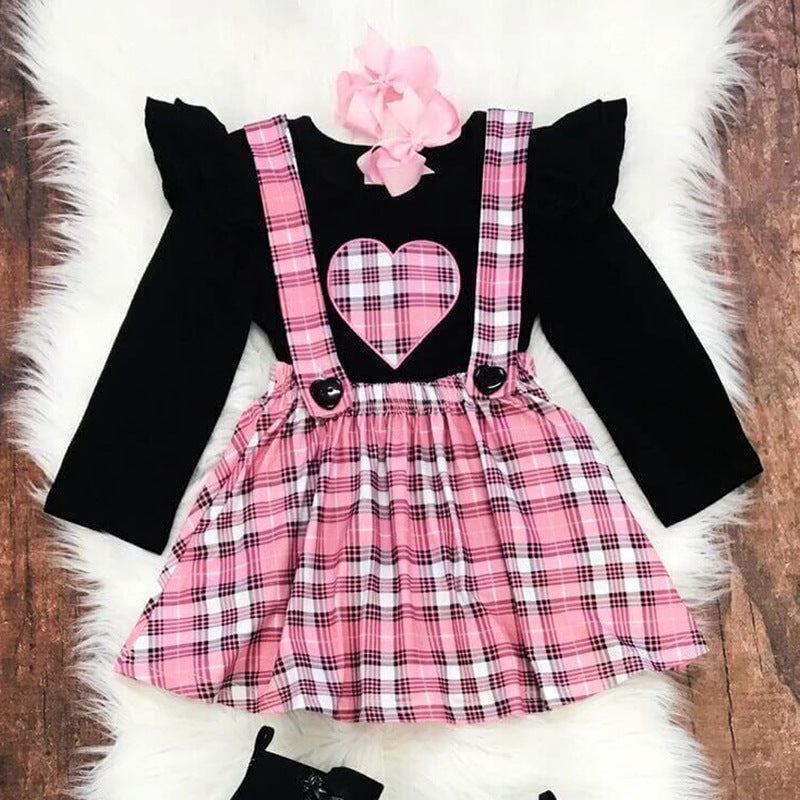 Love Long-sleeved Blouse Plaid Suspender Skirt Two-piece Children's Wear