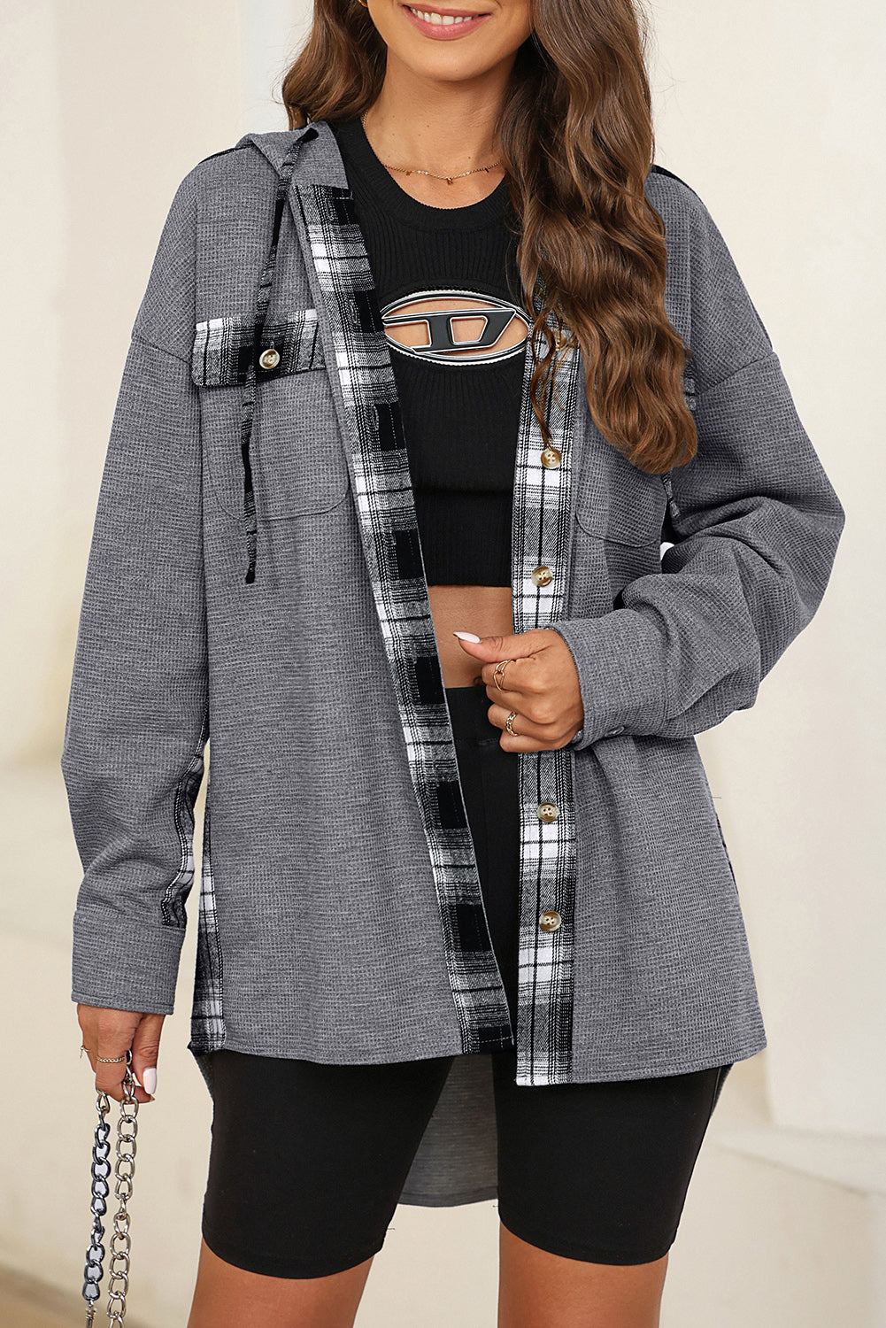 Plaid Waffle-Knit Drawstring Hooded Jacket - Babbazon Jacket