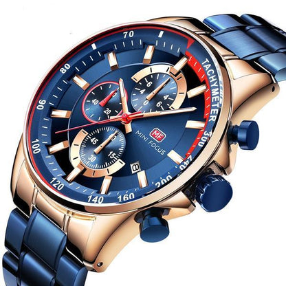 Fashion steel belt speed men's watch three eye timing calendar luminous waterproof quartz watch