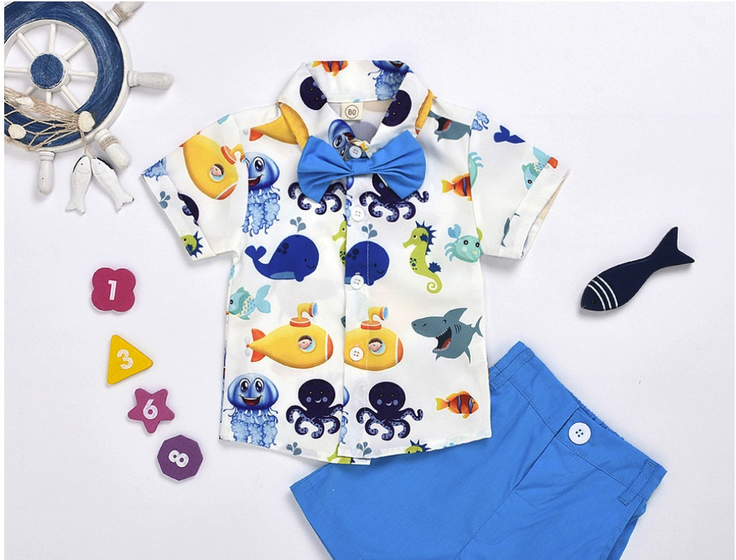 Fashion Toddler Infant Baby Kids Boys Short Sleeve Cartoon Printed Bow Tie Shirt Tops Solid Shorts Gentlement Outfits Set # p4