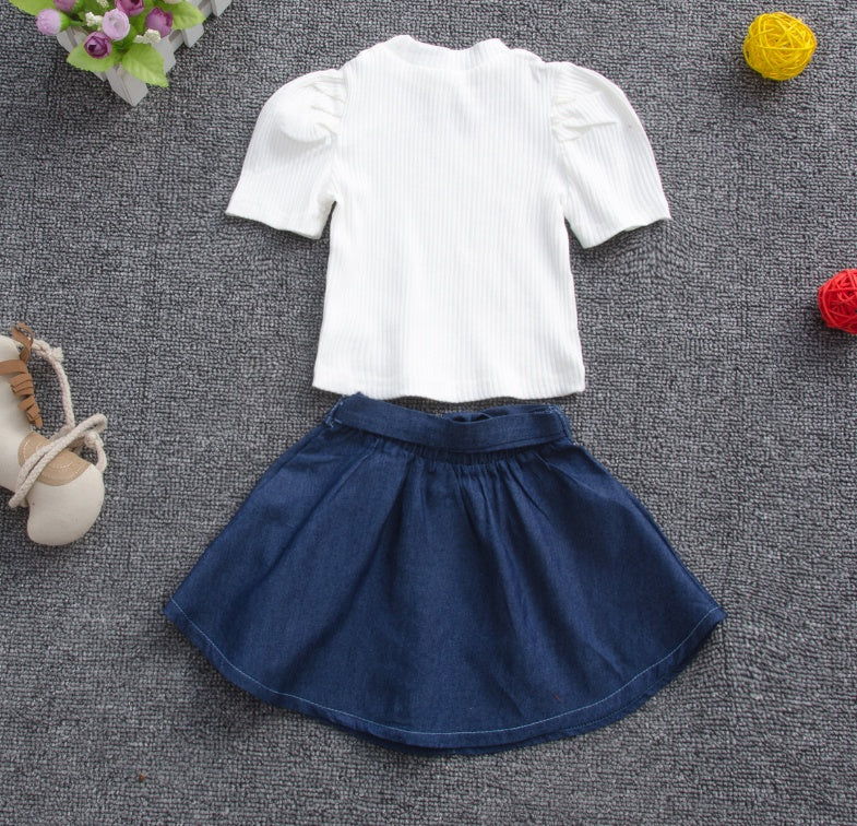 Short sleeve pit strip top + denim skirt suit