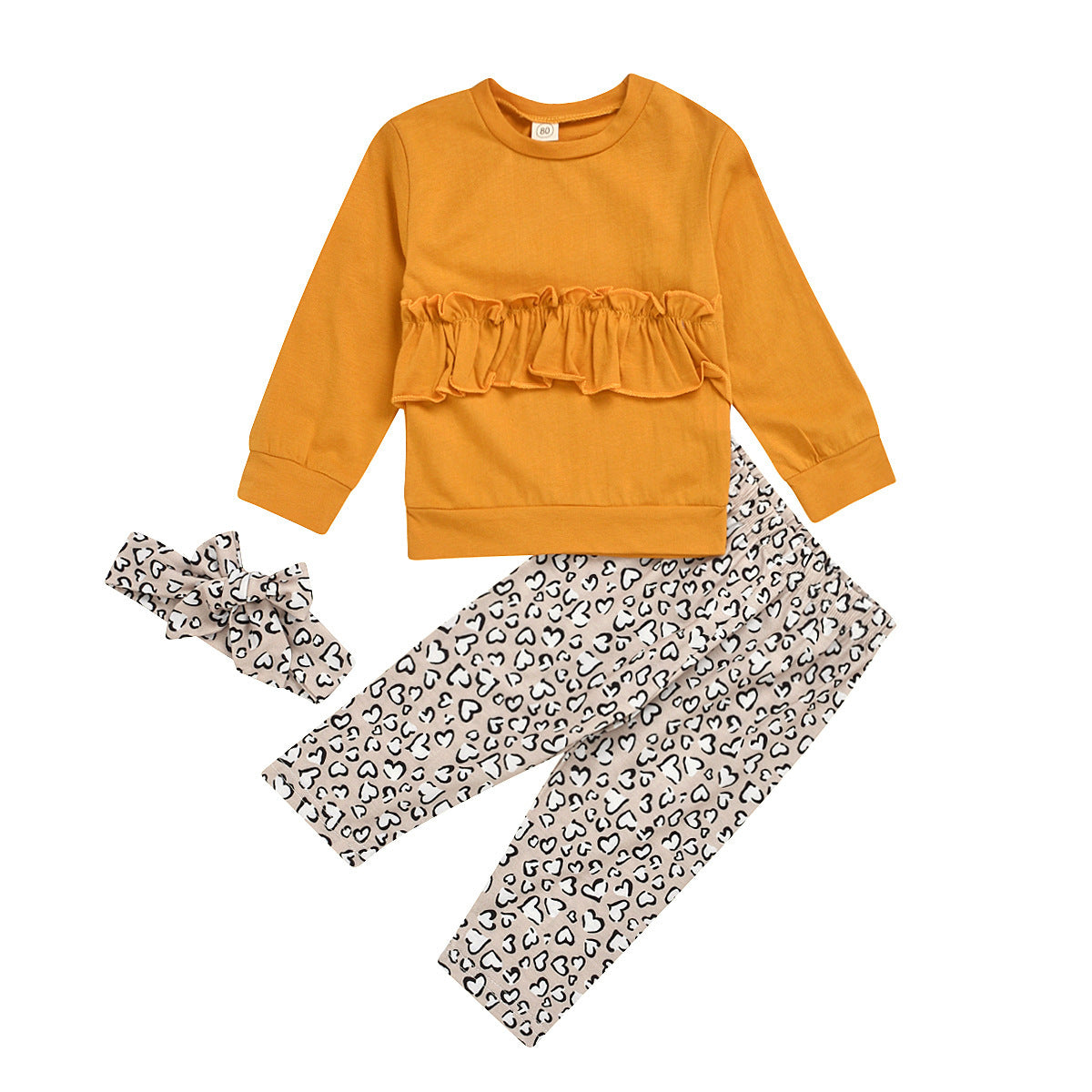 New Children's Long Sleeve Lace Leopard Trousers Bow Set