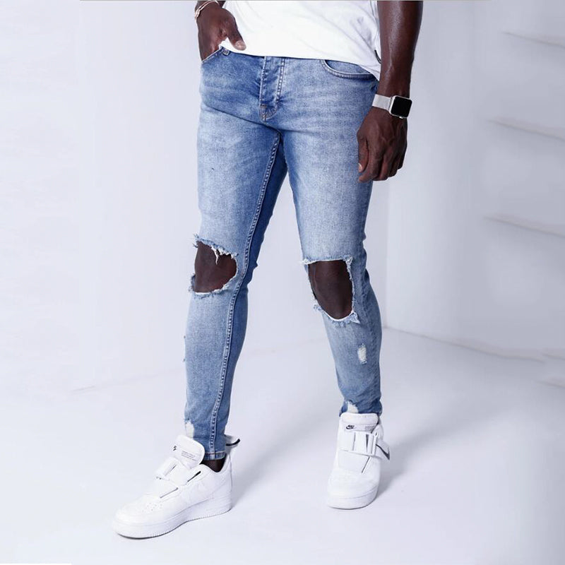 Blue ripped denim slim trousers