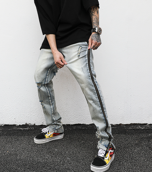 Distressed Zip Denim