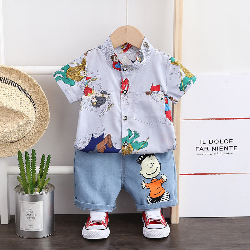 Boys Short-sleeved Suit Summer Shirt Jeans Two-piece Suit