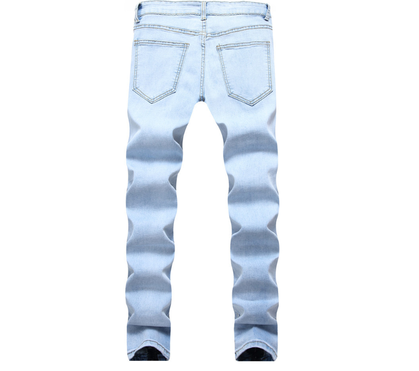 New jeans men's foreign trade motorcycle knee folds hole side zipper stretch feet men's pants