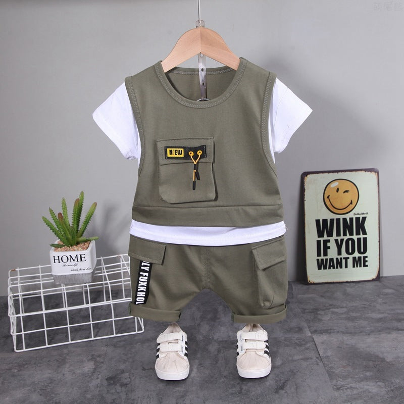 Boys' Patchwork Crewneck Short-sleeved Suit Shorts